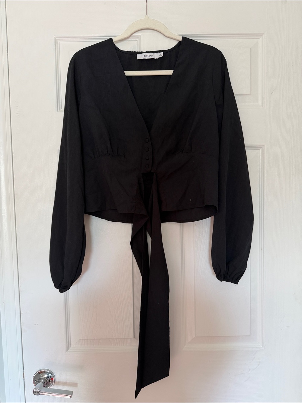 JustFab Black V-Neck Tie-Front Long Sleeve Blouse